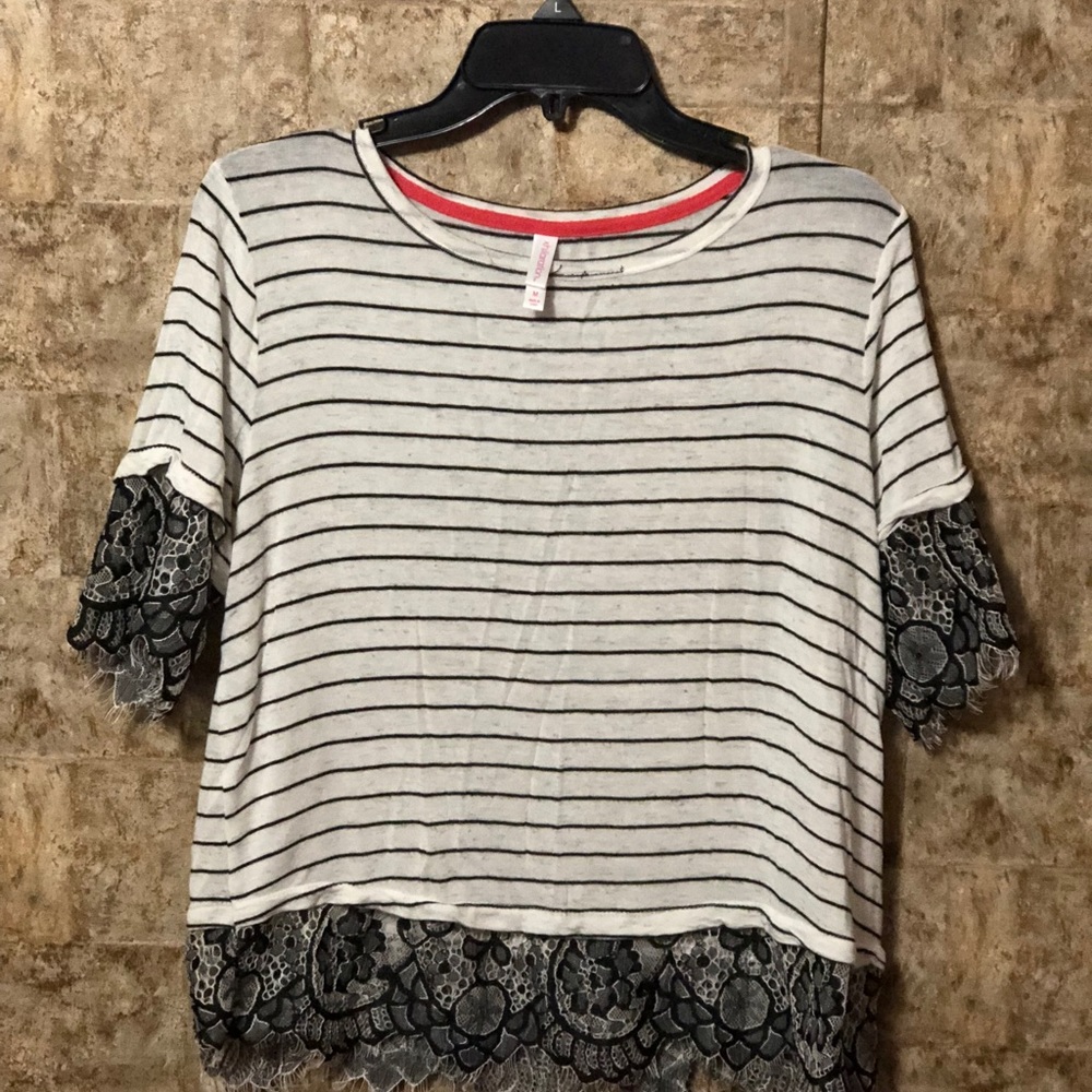 Cute stripe top with lace sleeves and bottom.